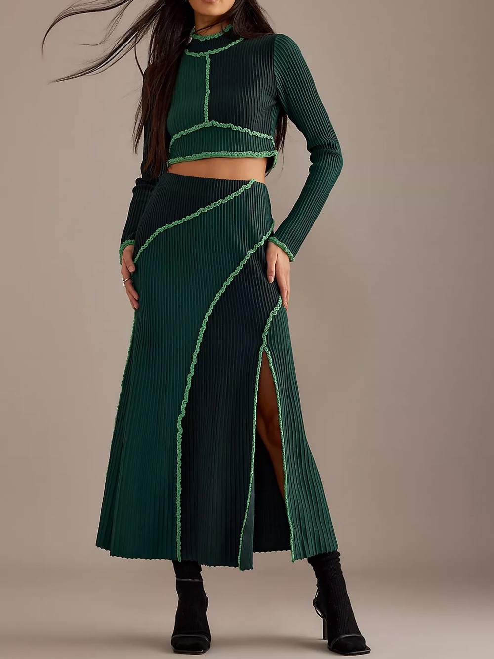 Significant Other Ginny Mock-Neck Long-Sleeve Lettuce Hem Crop Top and Skirt